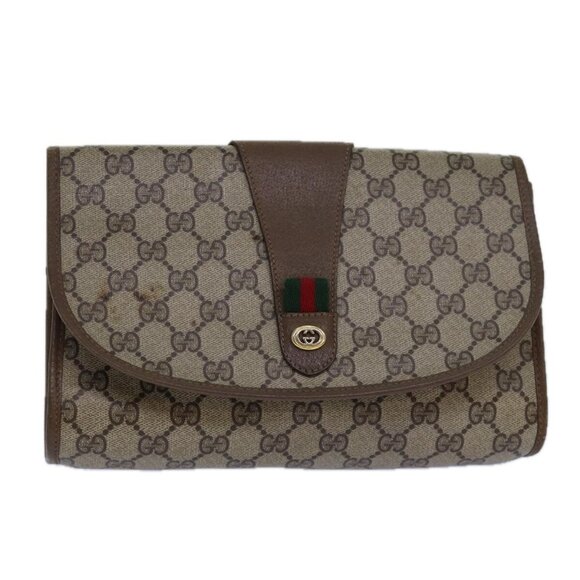 GUCCI GG Supreme Web Sherry Line Clutch Bag PVC Beige Gold - Picture 1 of 15